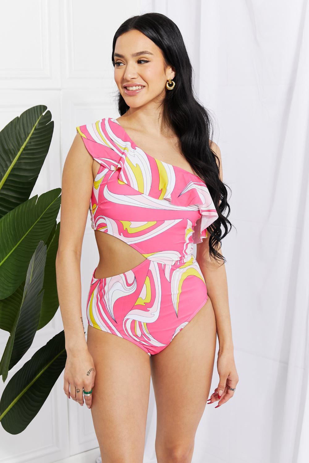 Marina West Swim Vitamin C Asymmetric Cutout Ruffle Swimsuit in Pink BLUE ZONE PLANET