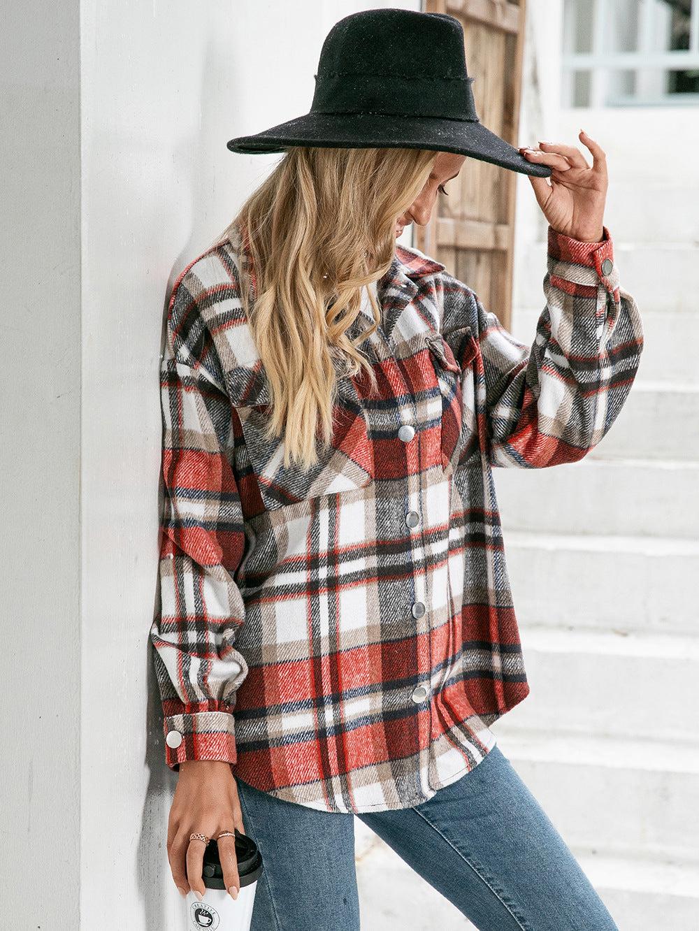 Meet You Outside Plaid Button Down Curved Hem Shacket BLUE ZONE PLANET