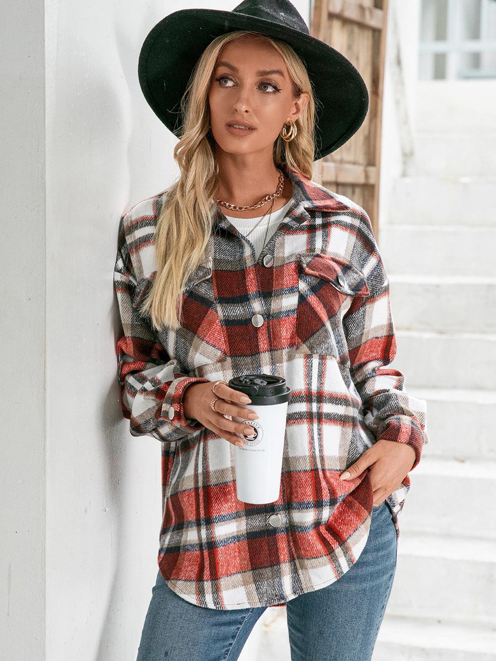 Meet You Outside Plaid Button Down Curved Hem Shacket BLUE ZONE PLANET