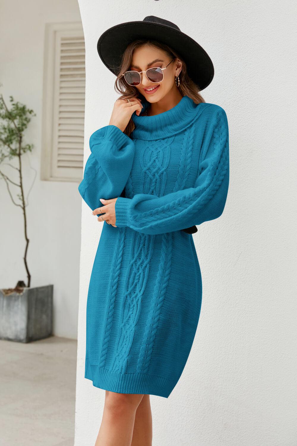 Mixed Knit Turtleneck Lantern Sleeve Sweater Dress BLUE ZONE PLANET