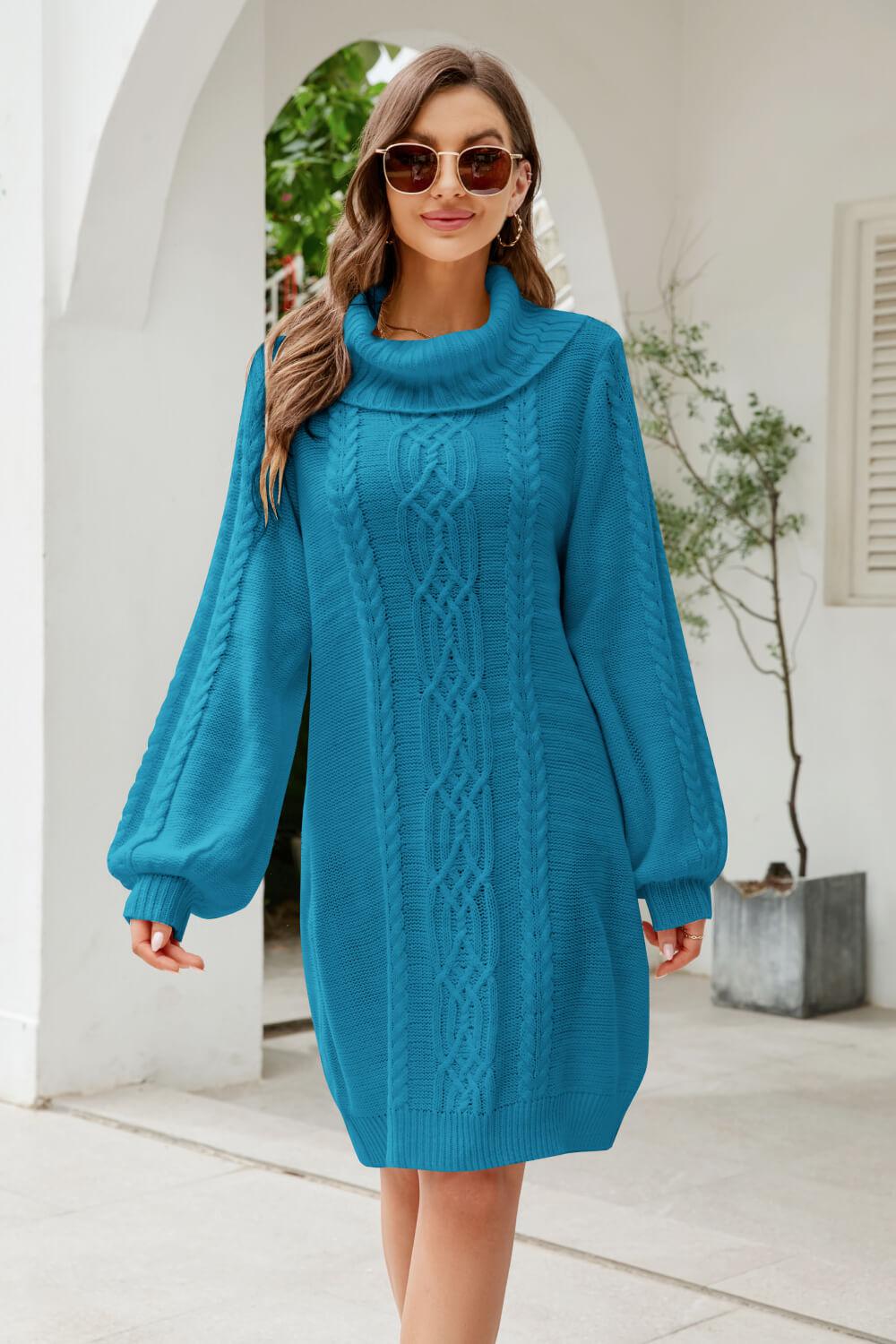 Mixed Knit Turtleneck Lantern Sleeve Sweater Dress BLUE ZONE PLANET