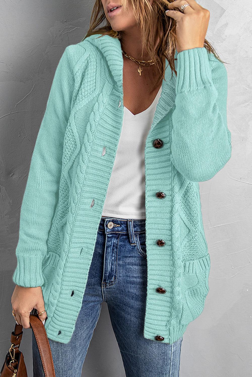 Mixed Print Button Front Hooded Cardigan-Tops / Dresses-[Adult]-[Female]-Mint-S-Blue Zone Planet