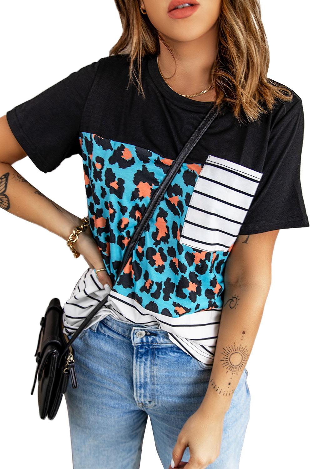 Mixed Print Color Block Round Neck Tee Shirt BLUE ZONE PLANET