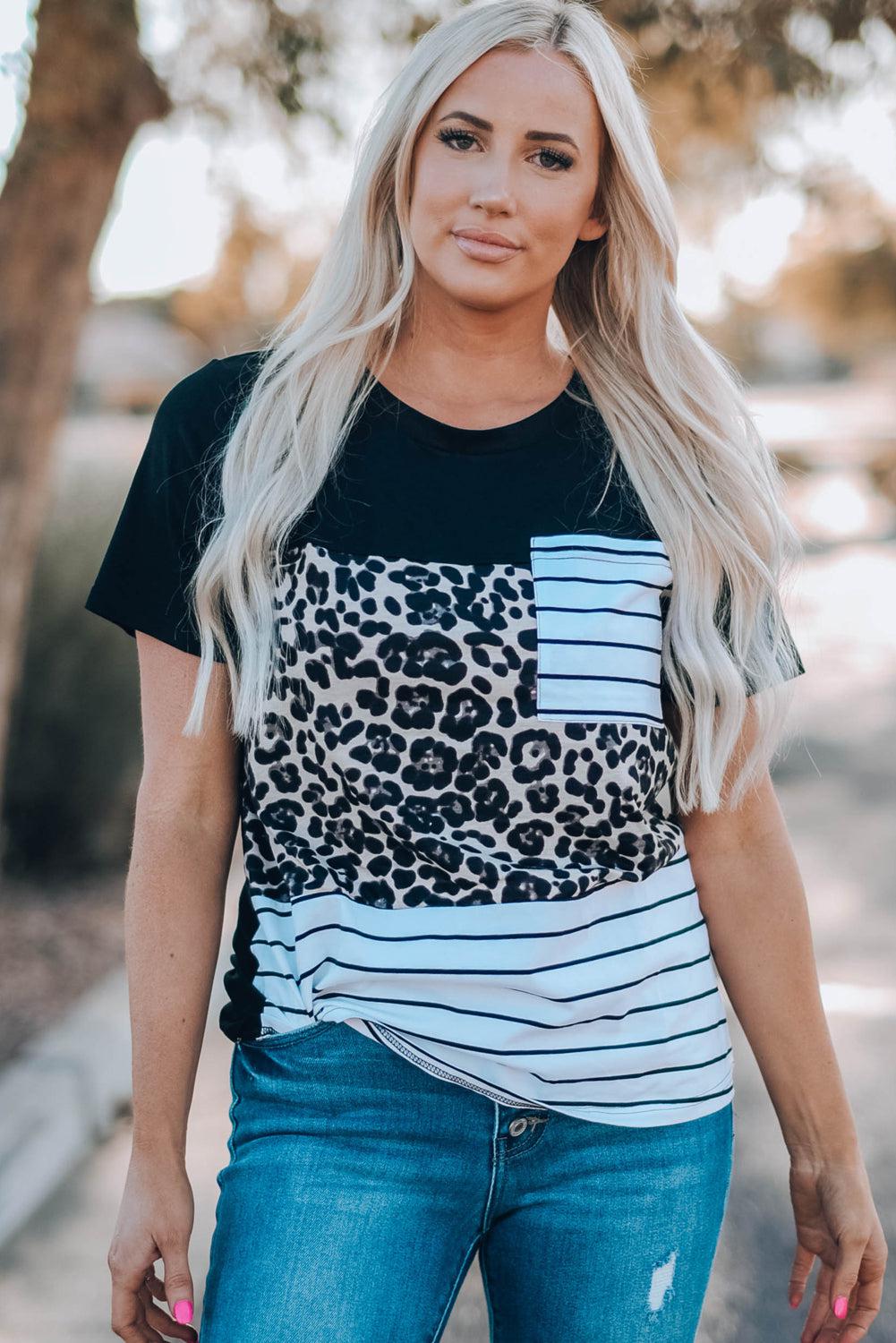 Mixed Print Color Block Round Neck Tee Shirt-TOPS / DRESSES-[Adult]-[Female]-Leopard-S-2022 Online Blue Zone Planet