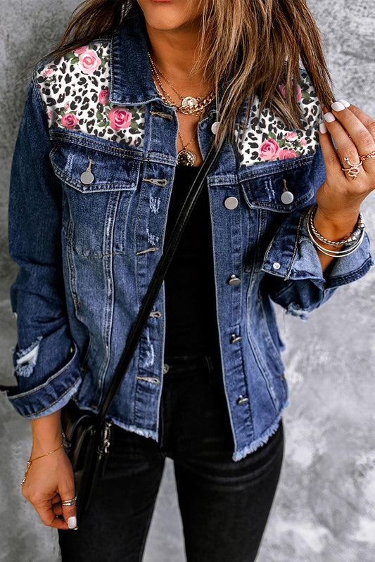 Mixed Print Distressed Button Front Denim Jacket BLUE ZONE PLANET