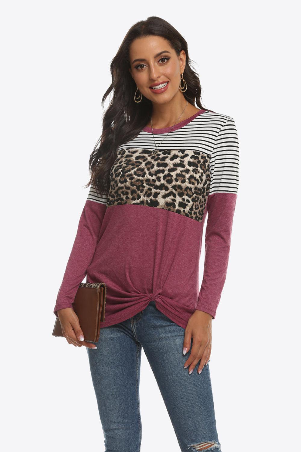 Mixed Print Gathered Detail Long Sleeve Top-TOPS / DRESSES-[Adult]-[Female]-2022 Online Blue Zone Planet