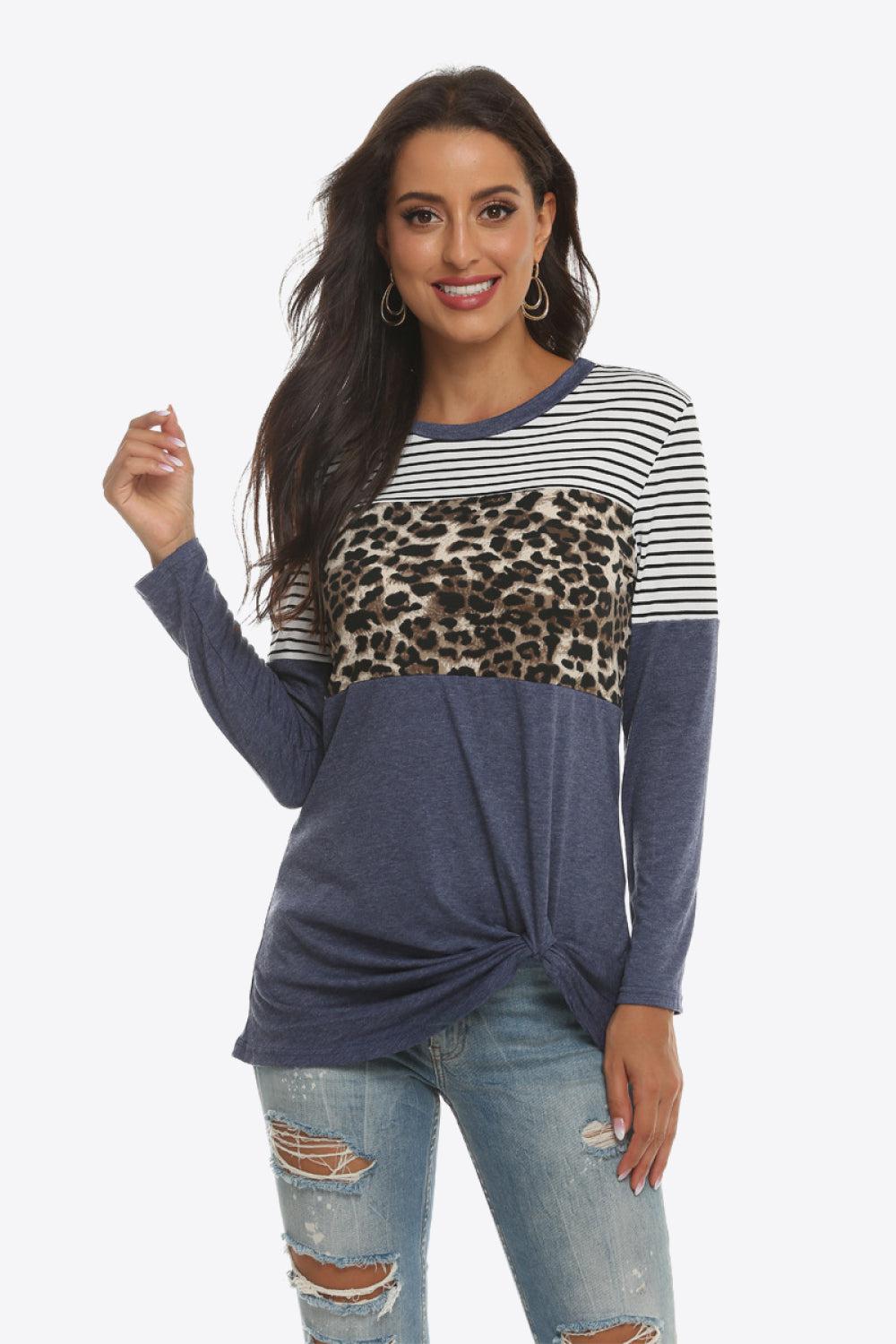 Mixed Print Gathered Detail Long Sleeve Top-TOPS / DRESSES-[Adult]-[Female]-Blue-S-2022 Online Blue Zone Planet