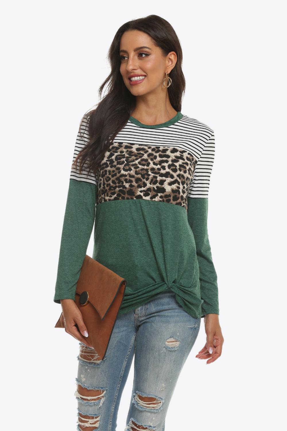 Mixed Print Gathered Detail Long Sleeve Top-TOPS / DRESSES-[Adult]-[Female]-Green-S-2022 Online Blue Zone Planet