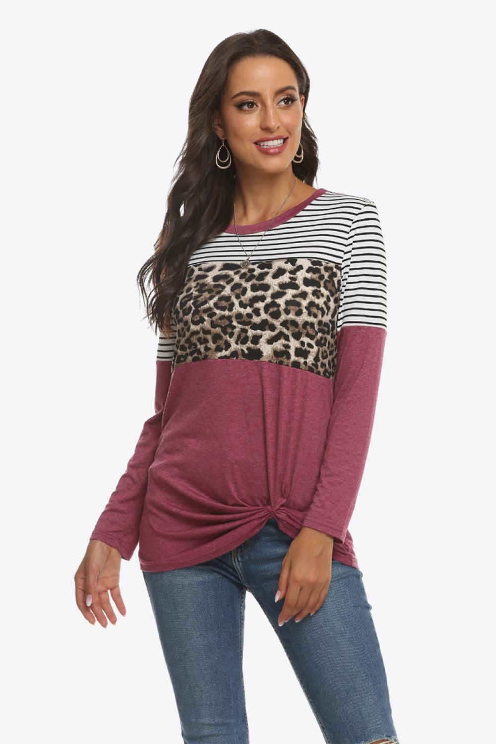 Mixed Print Gathered Detail Long Sleeve Top-TOPS / DRESSES-[Adult]-[Female]-Magenta-S-2022 Online Blue Zone Planet