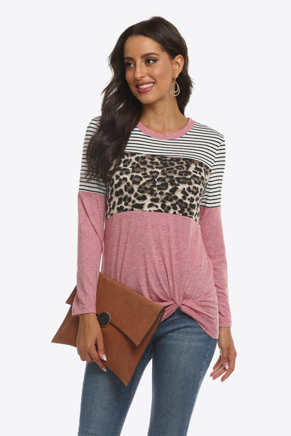 Mixed Print Gathered Detail Long Sleeve Top-TOPS / DRESSES-[Adult]-[Female]-Pink-S-2022 Online Blue Zone Planet