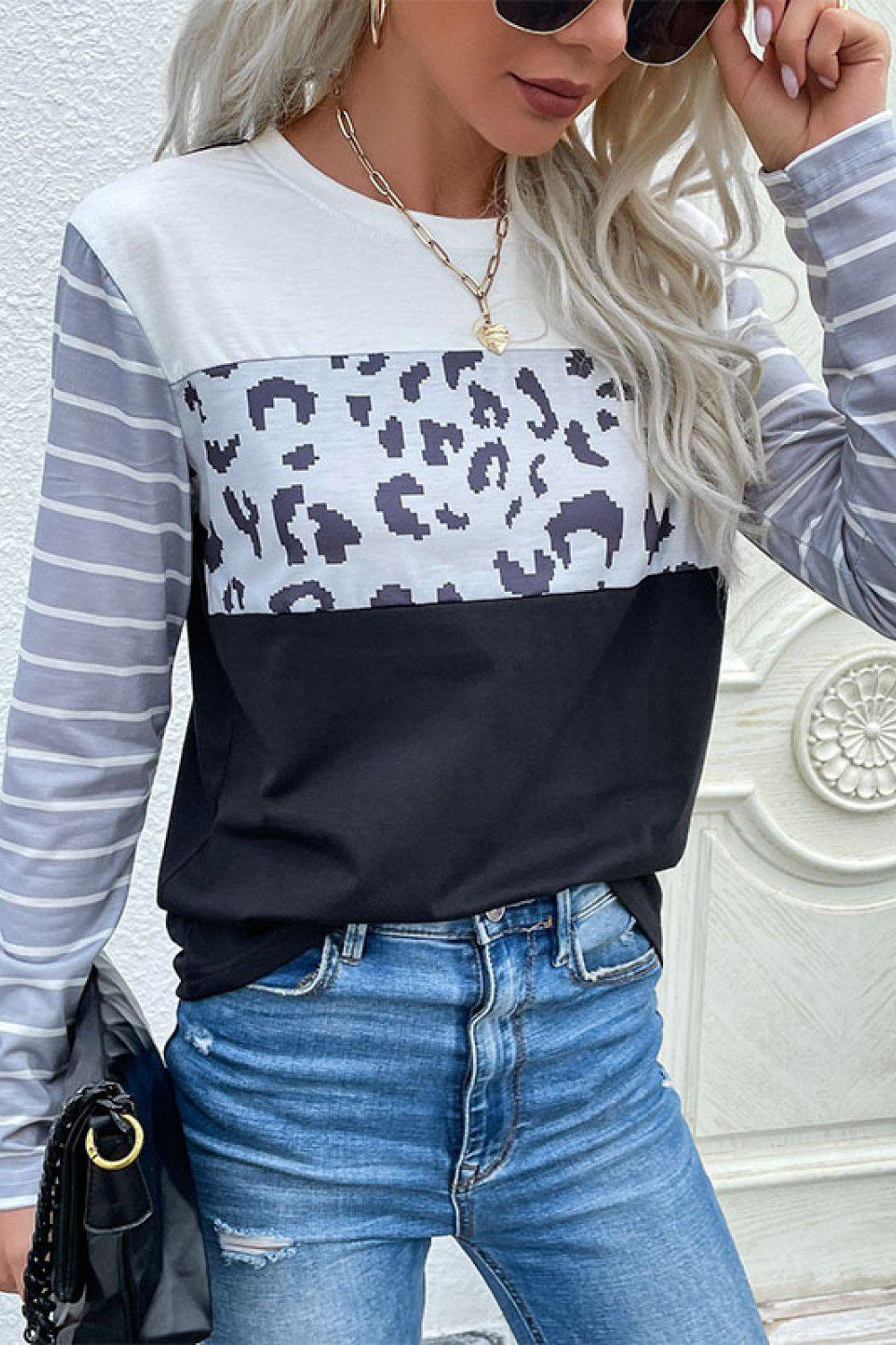 Mixed Print Round Neck Tee Shirt-TOPS / DRESSES-[Adult]-[Female]-White/Leopard-S-Blue Zone Planet