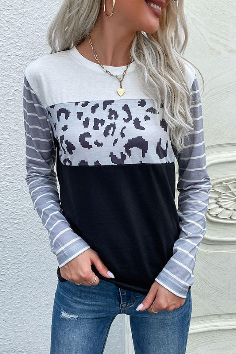 Mixed Print Round Neck Tee Shirt-TOPS / DRESSES-[Adult]-[Female]-Blue Zone Planet