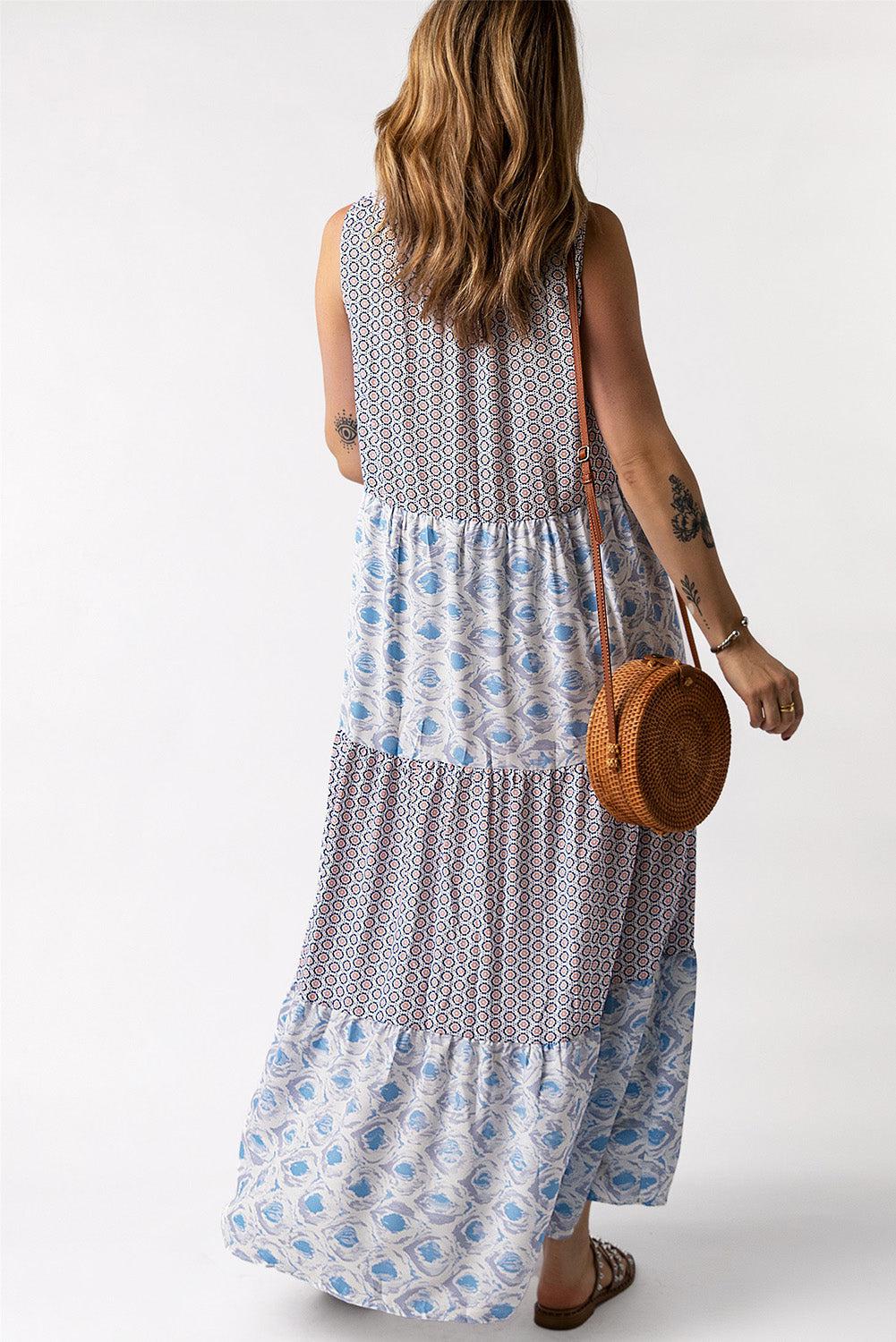 Mixed Print Tie-Neck Sleeveless Maxi Dress BLUE ZONE PLANET