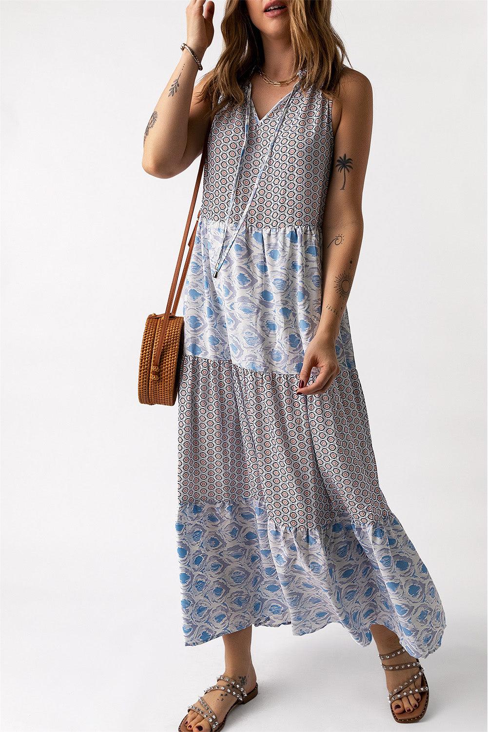 Mixed Print Tie-Neck Sleeveless Maxi Dress BLUE ZONE PLANET