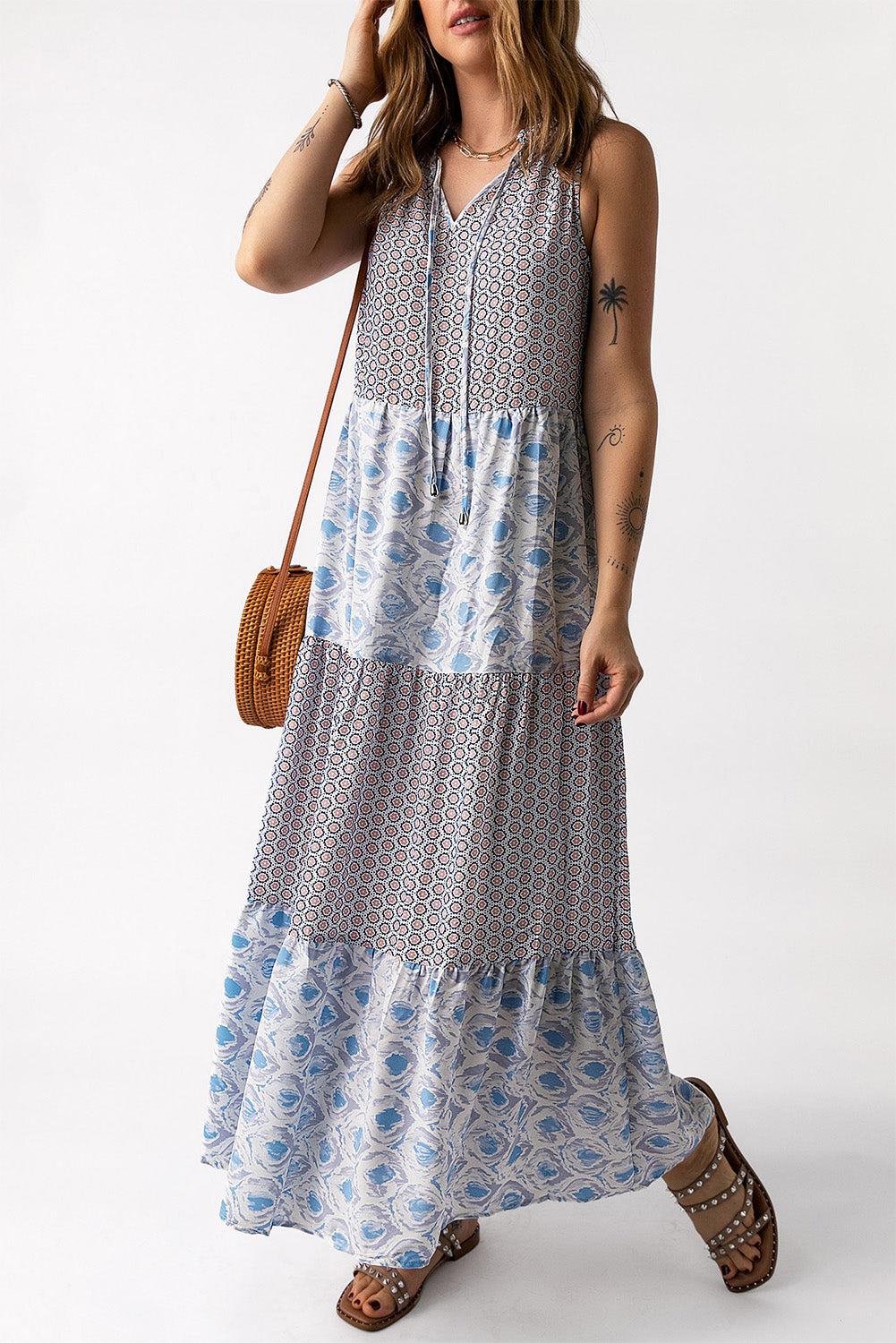 Mixed Print Tie-Neck Sleeveless Maxi Dress BLUE ZONE PLANET