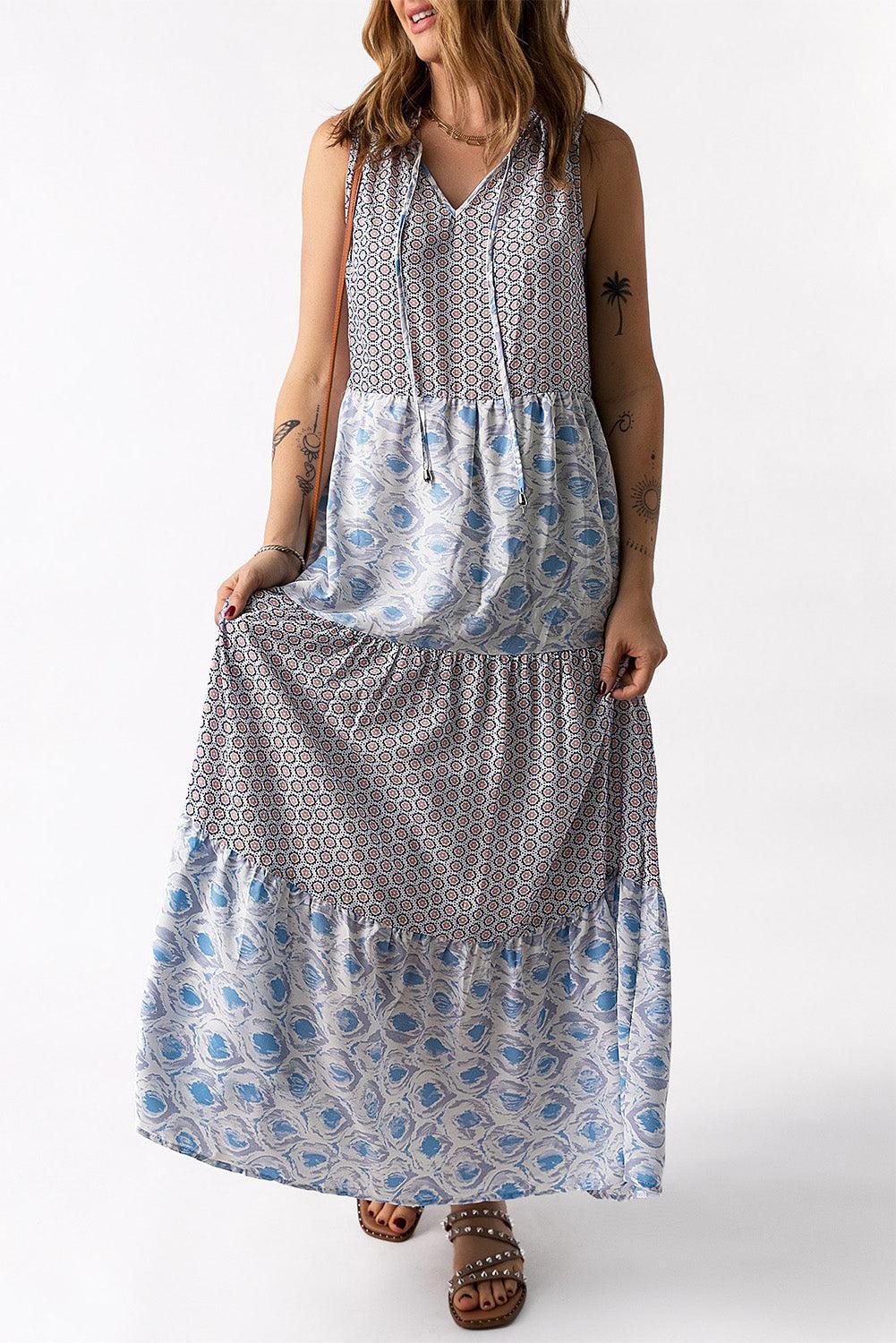 Mixed Print Tie-Neck Sleeveless Maxi Dress BLUE ZONE PLANET