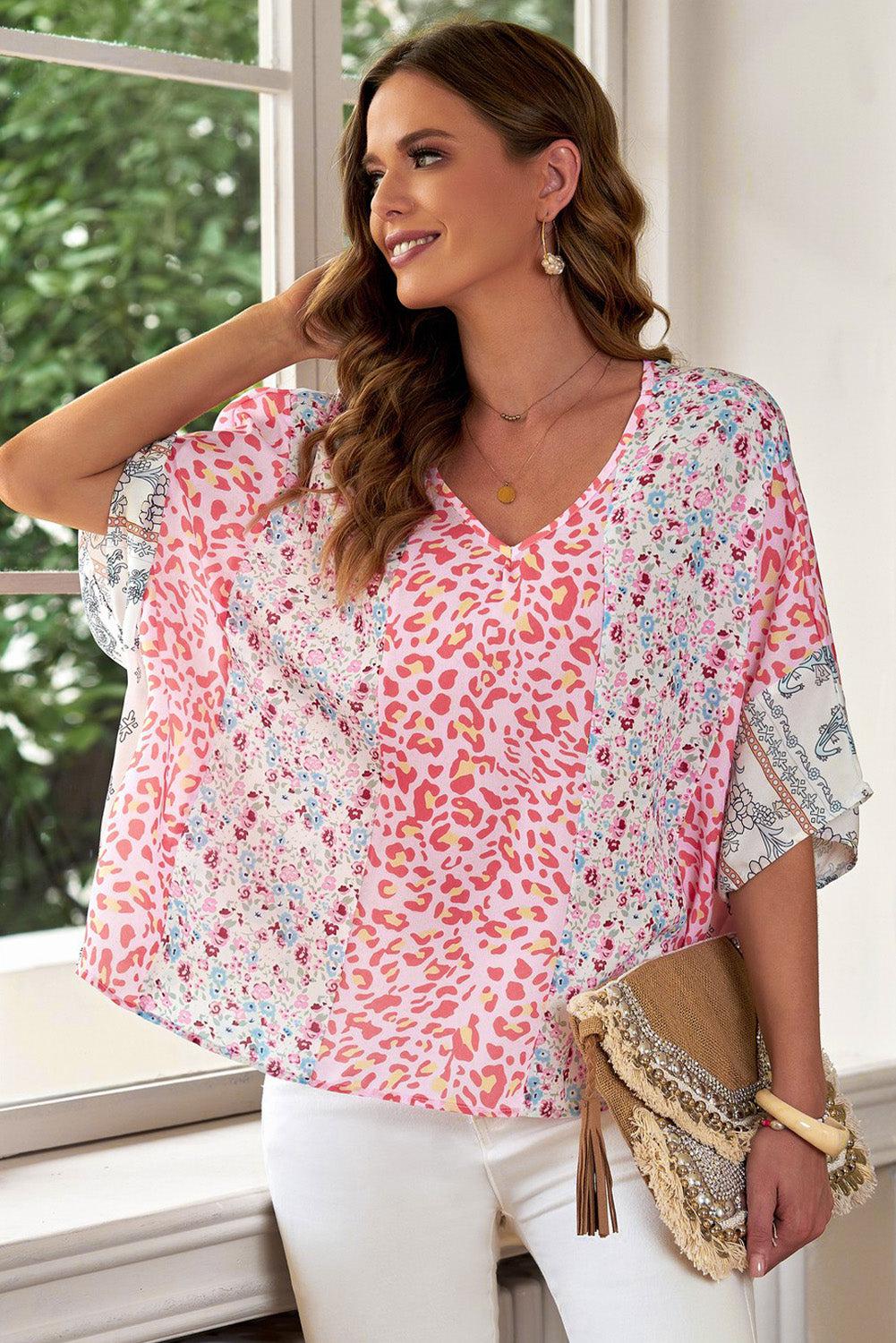 Mixed Print V-Neck Blouse BLUE ZONE PLANET