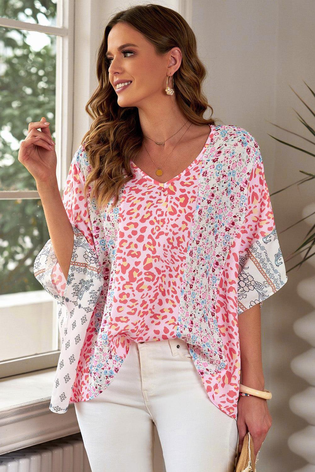 Mixed Print V-Neck Blouse BLUE ZONE PLANET