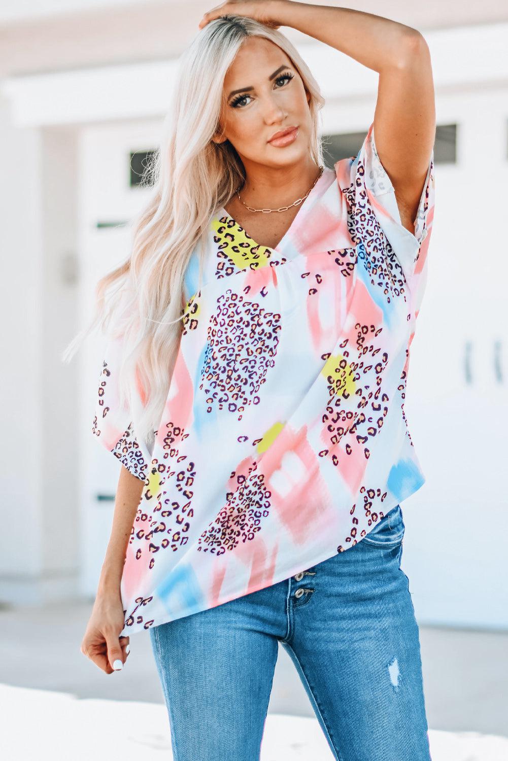 Mixed Print V-Neck Half Sleeve Top BLUE ZONE PLANET