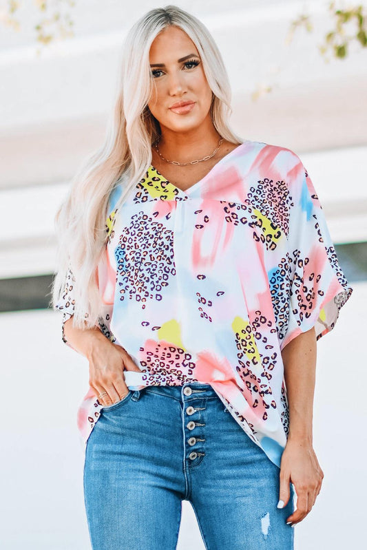 Mixed Print V-Neck Half Sleeve Top BLUE ZONE PLANET