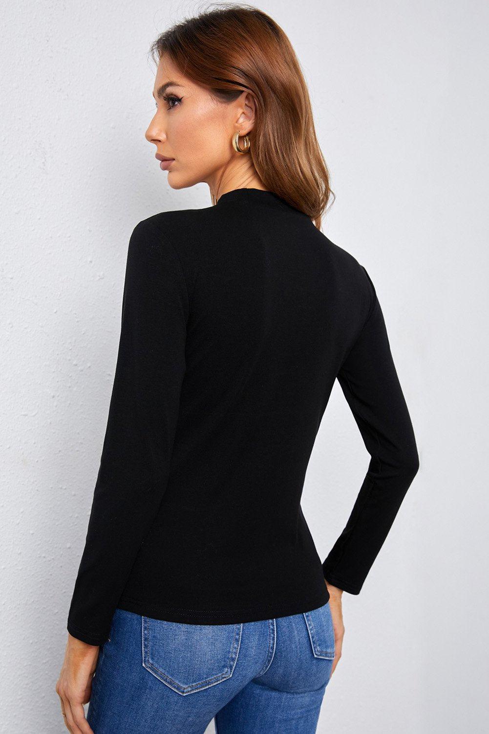 Mock Neck Lace Detail Long Sleeve Tee-TOPS / DRESSES-[Adult]-[Female]-Blue Zone Planet