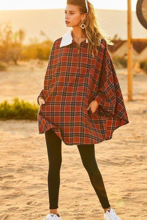 Mock Neck With Zipper Contrast Inside Front Pocket Plaid Poncho Blue Zone Planet