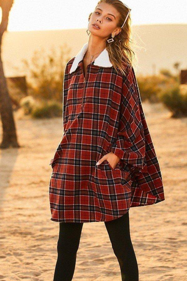 Mock Neck With Zipper Contrast Inside Front Pocket Plaid Poncho Blue Zone Planet