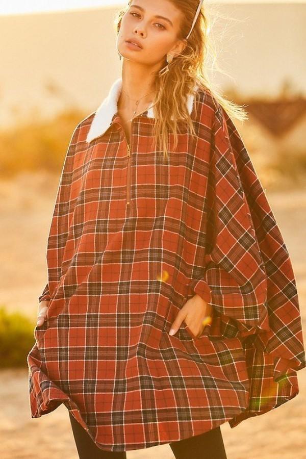 Mock Neck With Zipper Contrast Inside Front Pocket Plaid Poncho Blue Zone Planet