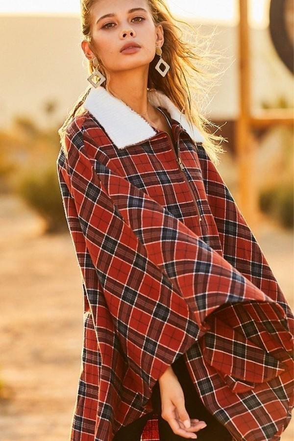 Mock Neck With Zipper Contrast Inside Front Pocket Plaid Poncho-[Adult]-[Female]-Blue Zone Planet