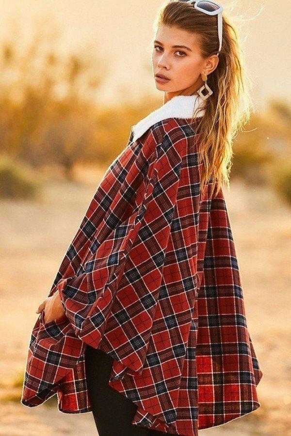 Mock Neck With Zipper Contrast Inside Front Pocket Plaid Poncho Blue Zone Planet