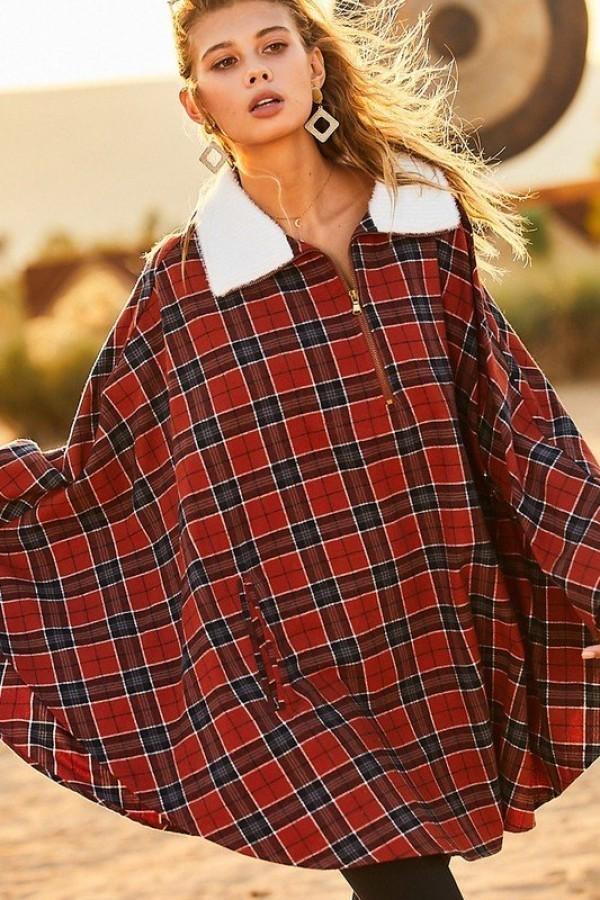 Mock Neck With Zipper Contrast Inside Front Pocket Plaid Poncho Blue Zone Planet