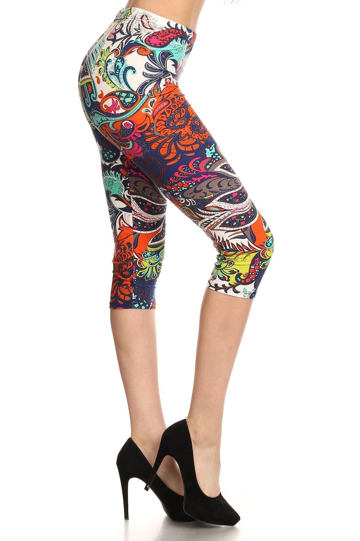 Multi-color Ornate Print Cropped Length Fitted Leggings With High Elastic Waist. Blue Zone Planet