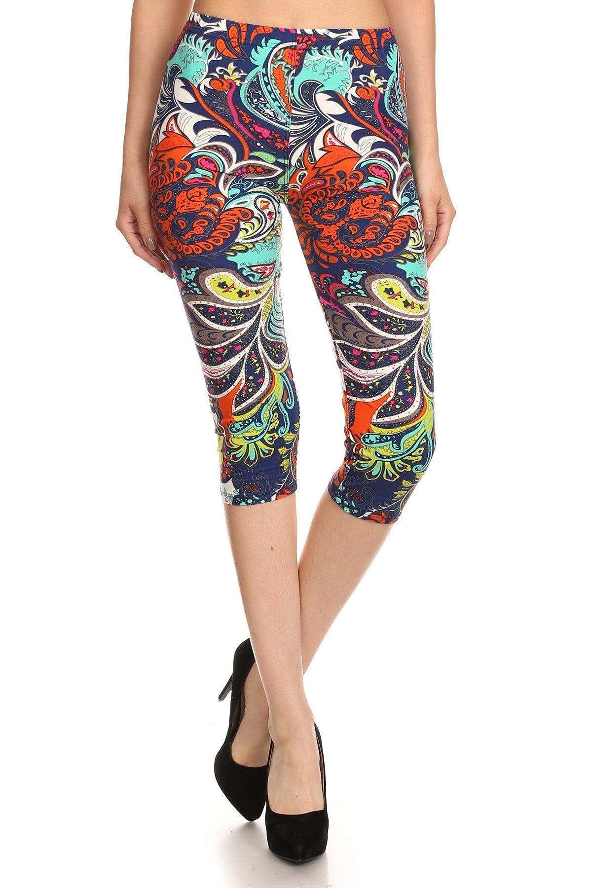 Multi-color Ornate Print Cropped Length Fitted Leggings With High Elastic Waist.-TOPS / DRESSES-[Adult]-[Female]-Multi-Blue Zone Planet