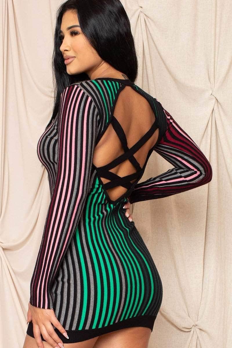Multi-color Striped Ribbed Dress Blue Zone Planet