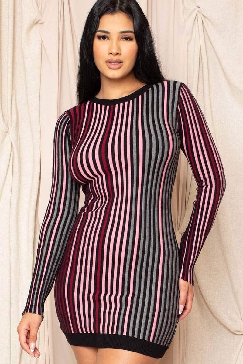 Multi-color Striped Ribbed Dress Blue Zone Planet