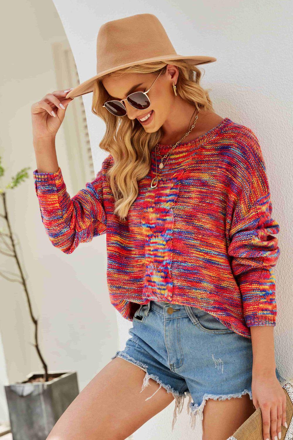 Multicolored Cable-Knit Drop Shoulder Sweater BLUE ZONE PLANET