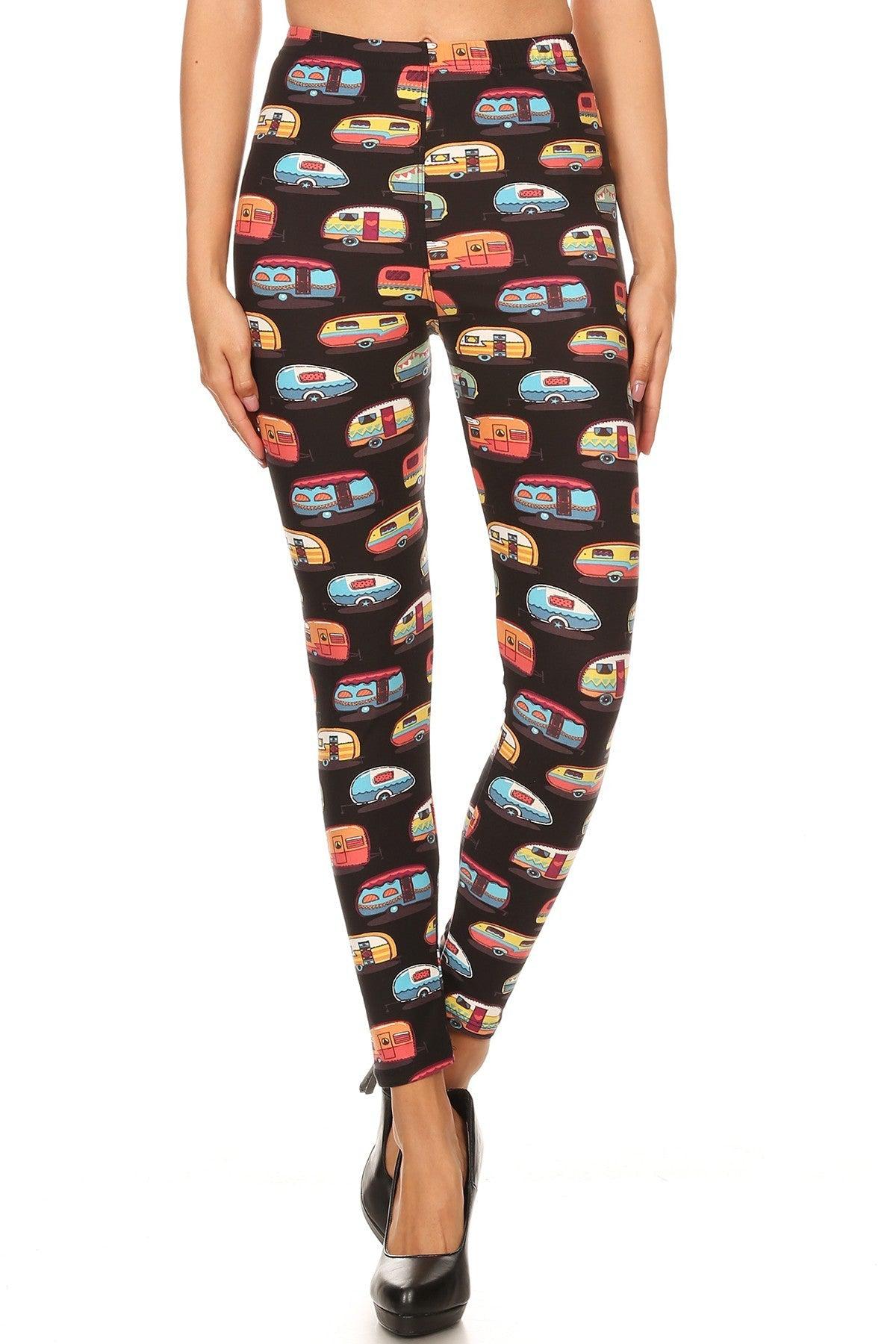 Multicolored Campers Printed, High Waisted Leggings In A Fit Style, With An Elastic Waistband Blue Zone Planet