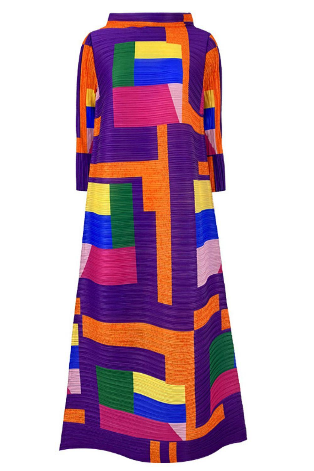 Multicolored Mock Neck Accordion Pleated Maxi Dress-TOPS / DRESSES-[Adult]-[Female]-Purple-One Size-Blue Zone Planet