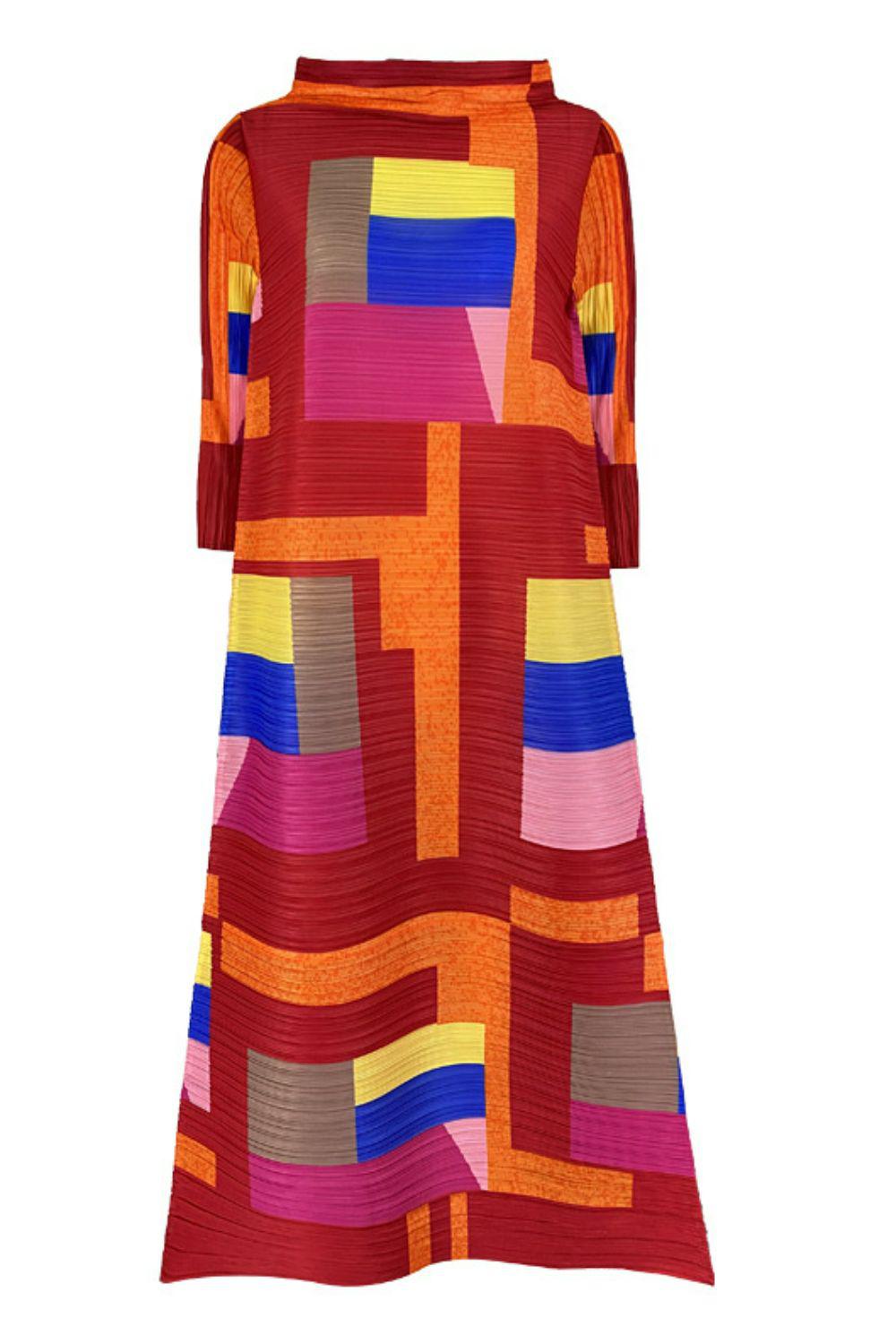 Multicolored Mock Neck Accordion Pleated Maxi Dress-TOPS / DRESSES-[Adult]-[Female]-Red-One Size-Blue Zone Planet