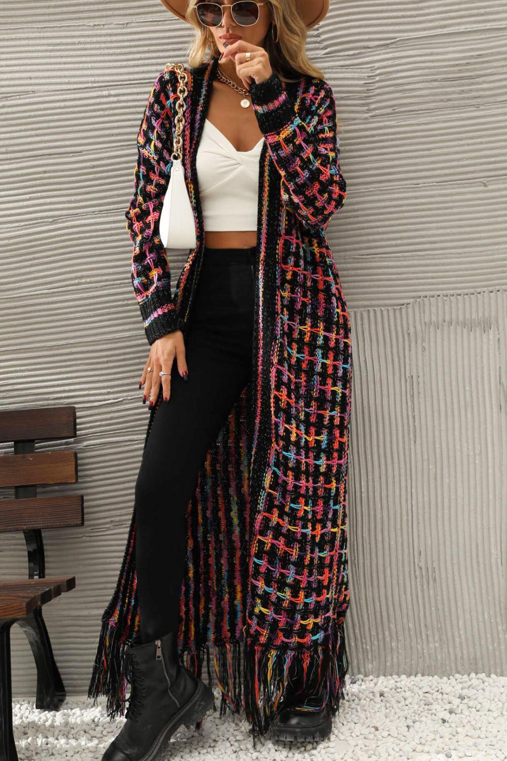Multicolored Open Front Fringe Hem Cardigan-TOPS / DRESSES-[Adult]-[Female]-2022 Blue Zone Planet Online Store