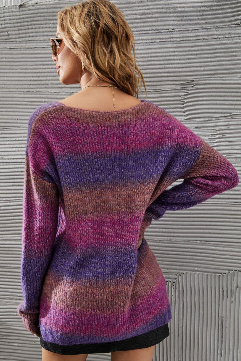 Multicolored Rib-Knit V-Neck Knit Pullover-TOPS / DRESSES-[Adult]-[Female]-Blue Zone Planet