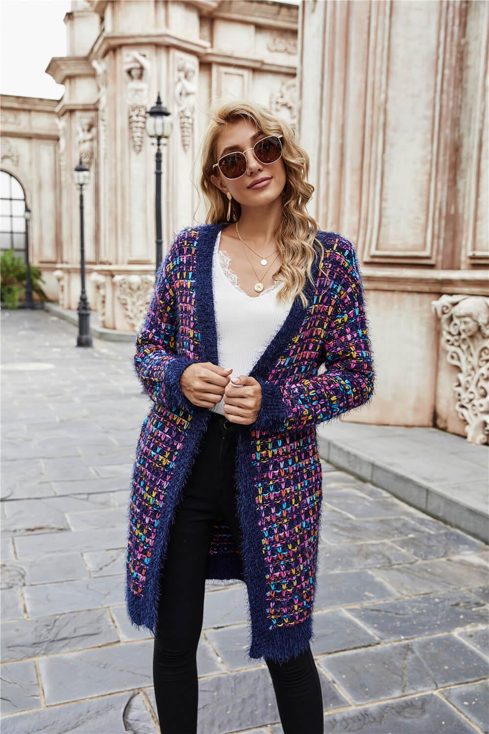 Multicolored Ribbed Trim Open Front Cardigan with Pockets-TOPS / DRESSES-[Adult]-[Female]-Purple-S-2022 Blue Zone Planet Online Store