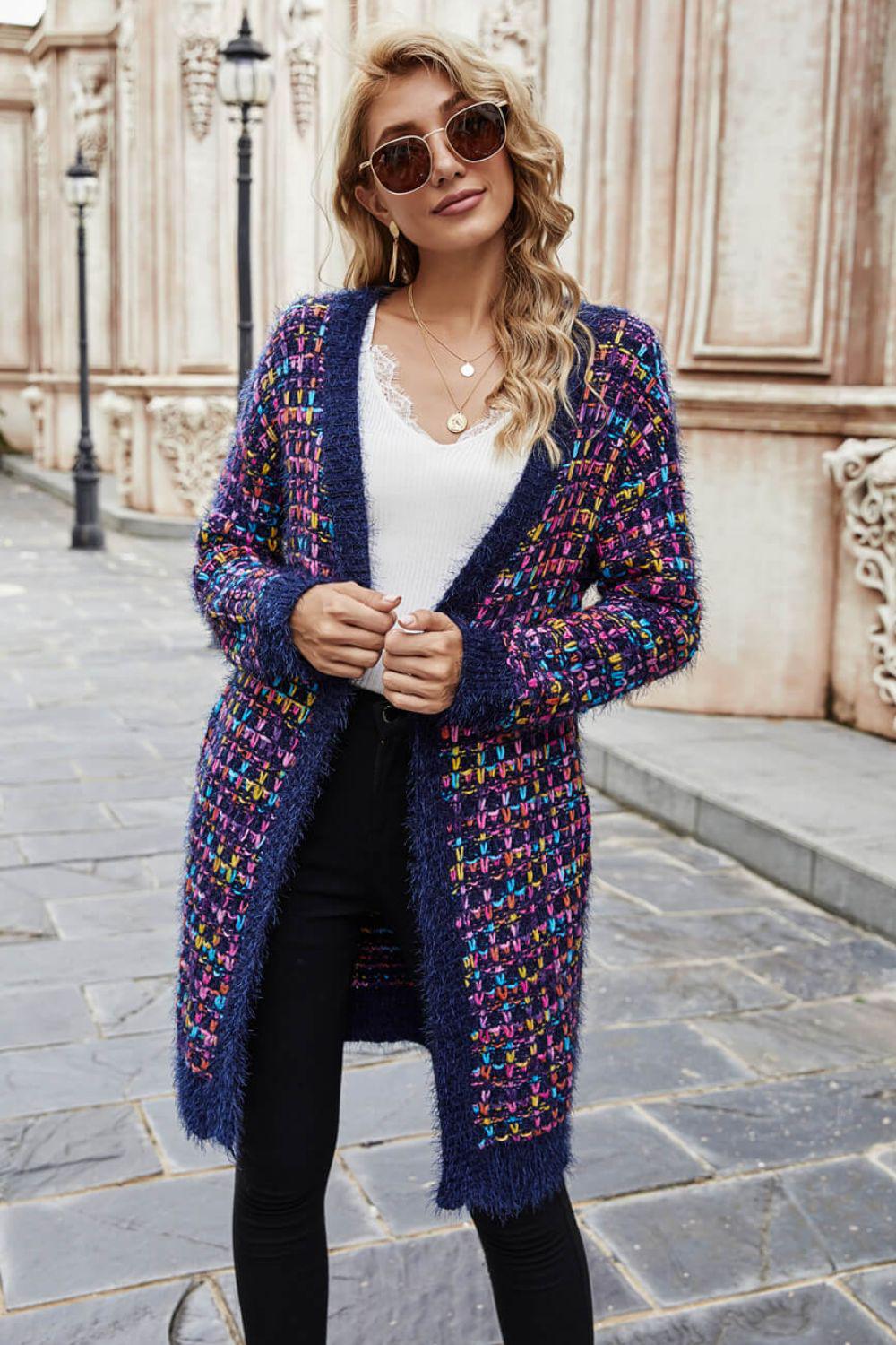 Multicolored Ribbed Trim Open Front Cardigan with Pockets-TOPS / DRESSES-[Adult]-[Female]-2022 Blue Zone Planet Online Store