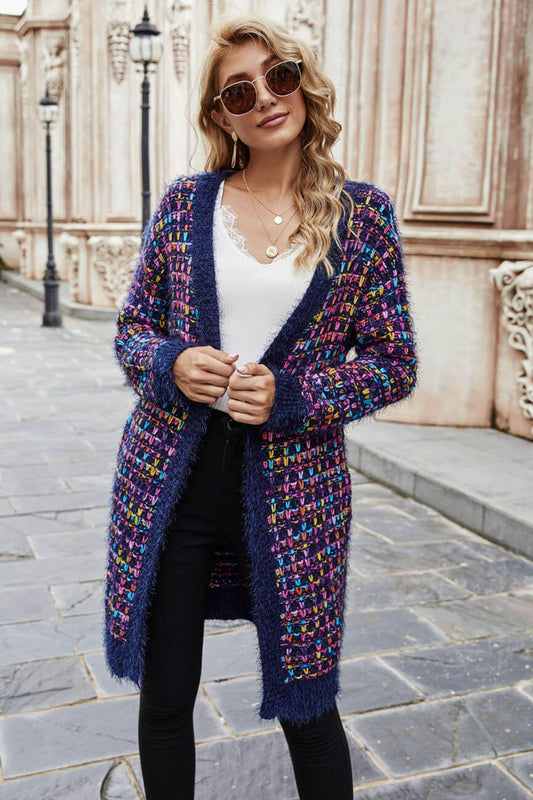 Multicolored Ribbed Trim Open Front Cardigan with Pockets BLUE ZONE PLANET