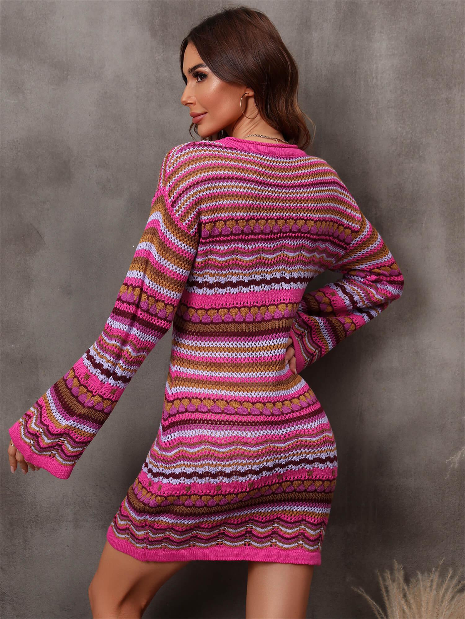 Multicolored Stripe Dropped Shoulder Sweater Dress-TOPS / DRESSES-[Adult]-[Female]-Blue Zone Planet