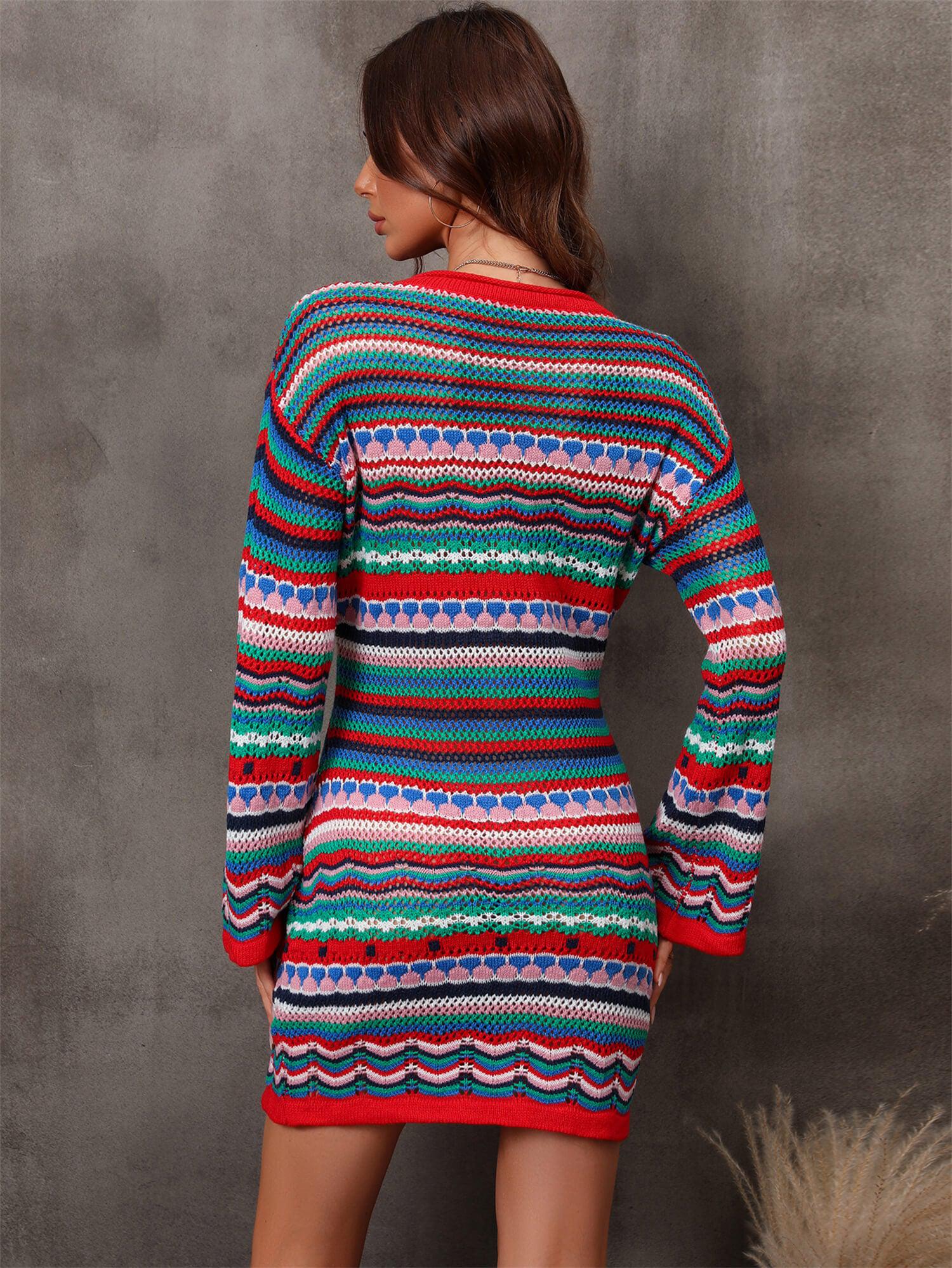 Multicolored Stripe Dropped Shoulder Sweater Dress-TOPS / DRESSES-[Adult]-[Female]-Blue Zone Planet