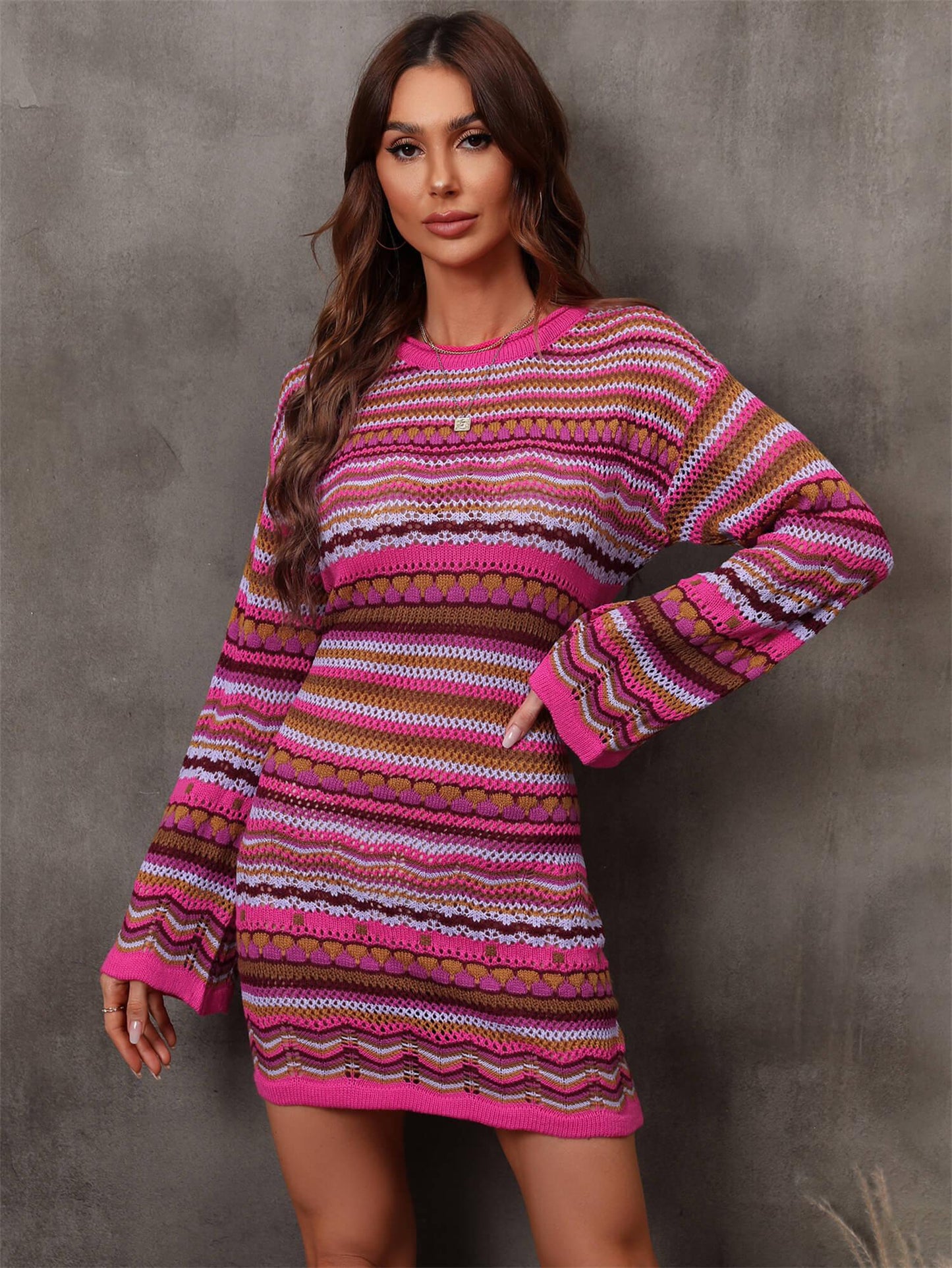 Multicolored Stripe Dropped Shoulder Sweater Dress-TOPS / DRESSES-[Adult]-[Female]-Fuchsia-S-Blue Zone Planet