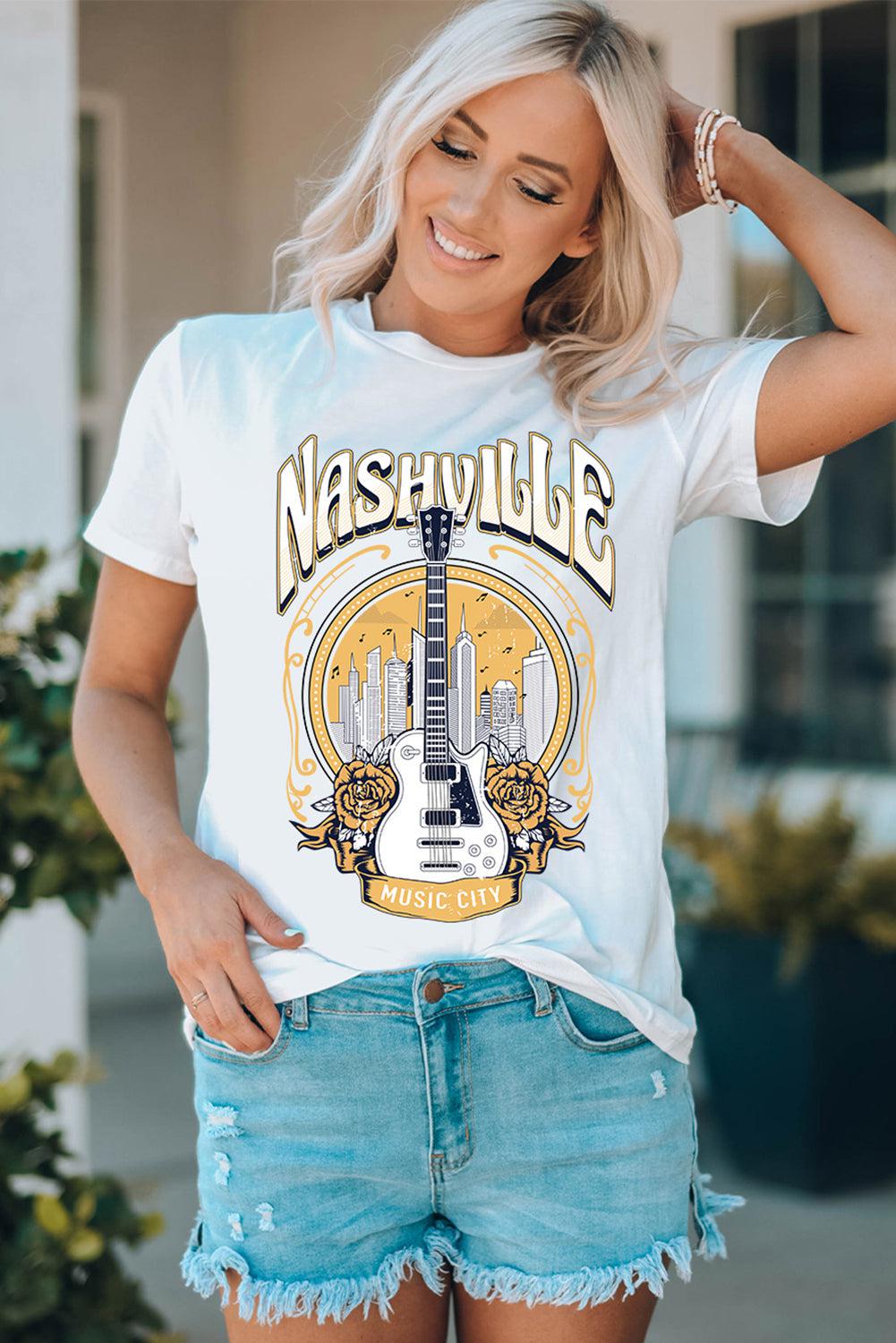 NASHVILLE MUSIC CITY Round Neck Tee Shirt BLUE ZONE PLANET