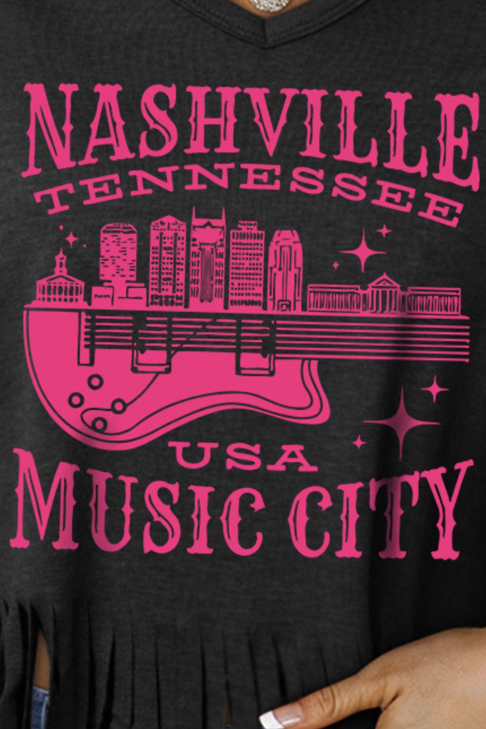 NASHVILLE TENNESSEE USA MUSIC CITY Graphic Fringe Hem Tee BLUE ZONE PLANET
