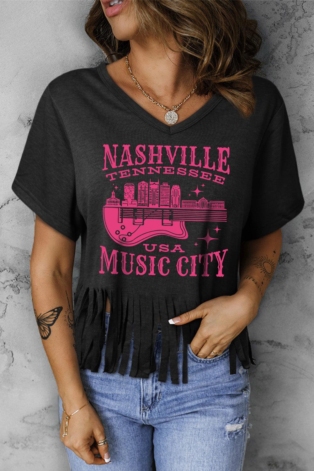 NASHVILLE TENNESSEE USA MUSIC CITY Graphic Fringe Hem Tee BLUE ZONE PLANET